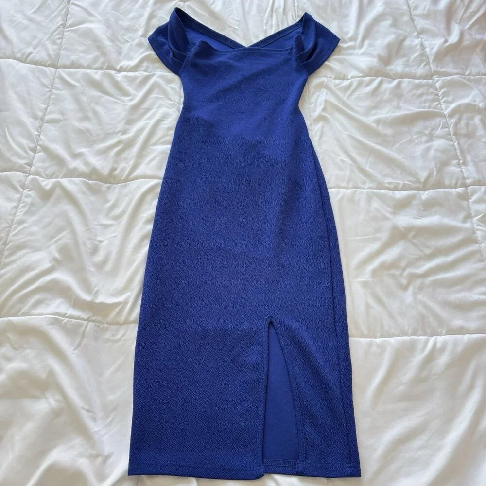 Womens Blue Midi Dress Slit Coquette Dainty‎ Romantic Cocktail Open Back Whimsy